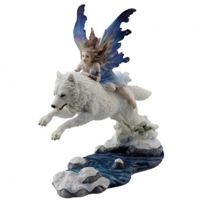 Fairy Leaping Wolf Statue Ornament Sculpture Figurine White Blue 23cm   263708949684